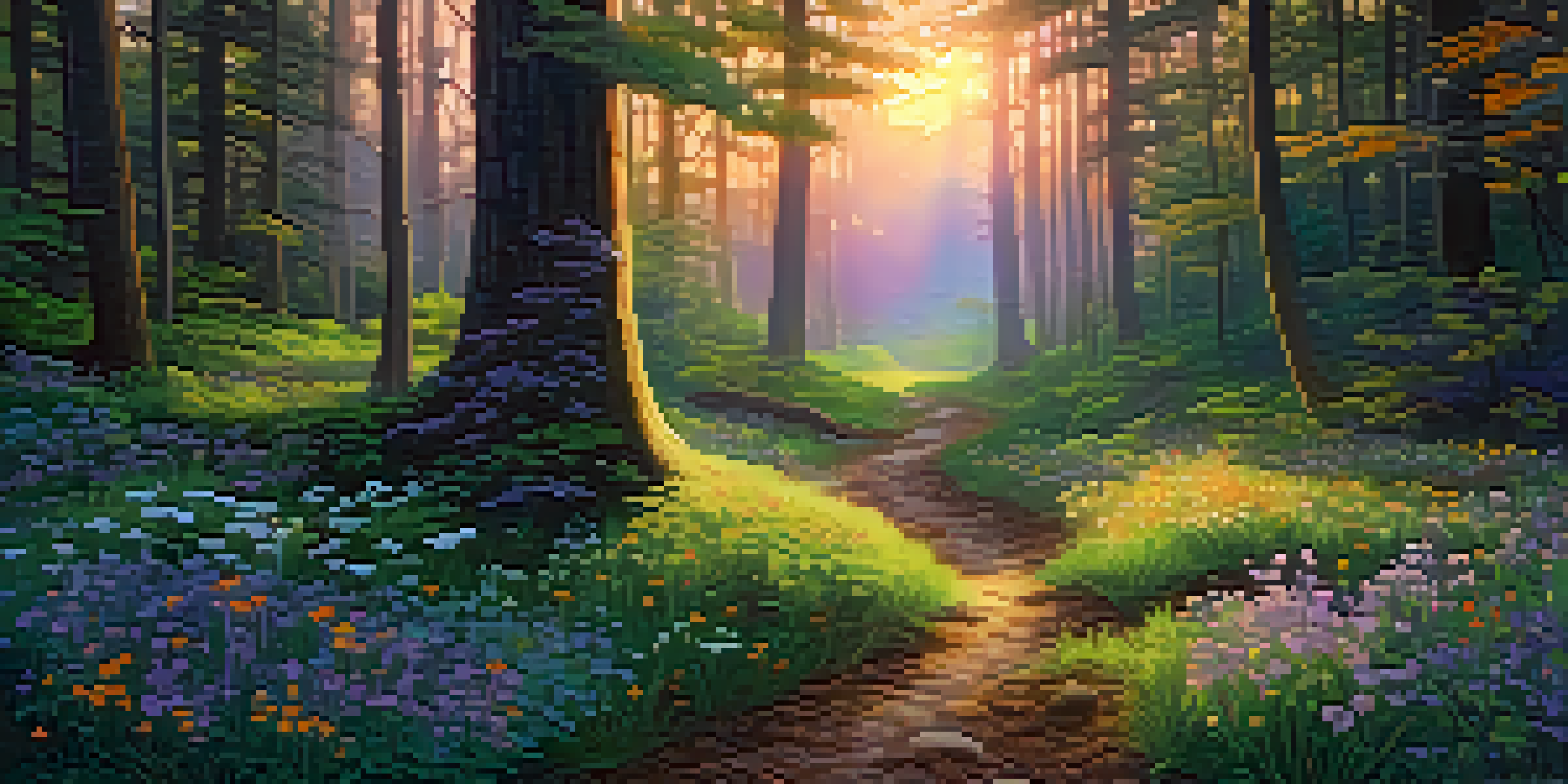 A tranquil forest at twilight with light filtering through the trees and colorful wildflowers in a small clearing.
