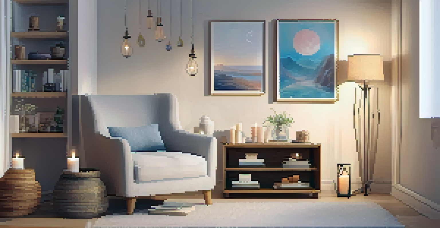 A cozy home therapy space with a comfortable chair, soft lighting, and calming decor items.