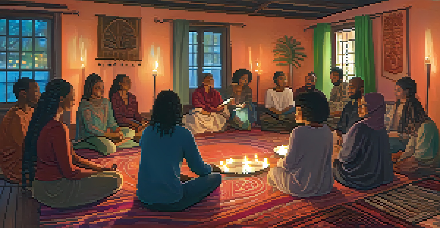 A warm and inviting indoor gathering where individuals share their entheogenic experiences, surrounded by candles and colorful decorations.