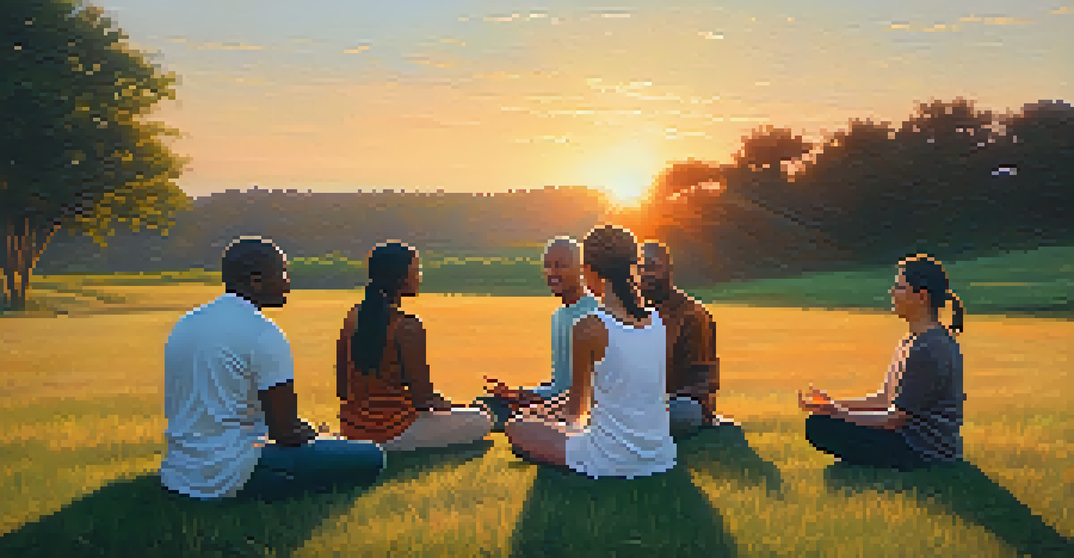 A group of diverse individuals meditating in a circle on grass during sunset, surrounded by a warm and peaceful atmosphere.
