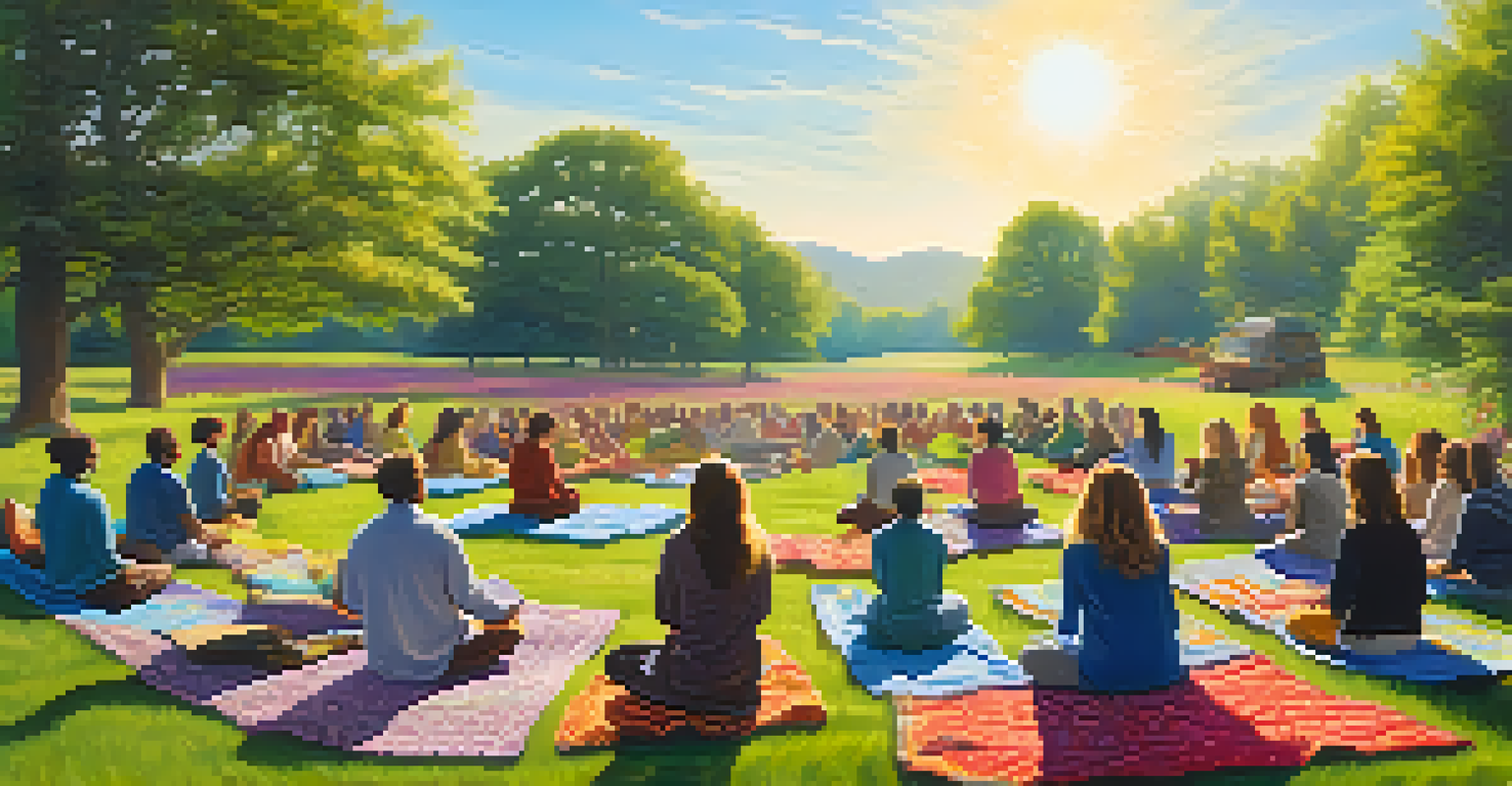A diverse group of people meditating in a sunny meadow, surrounded by flowers and connecting with nature.