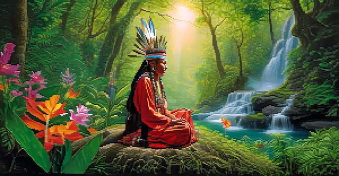 A shaman in a lush forest performing a healing ritual, surrounded by vibrant flowers and trees.