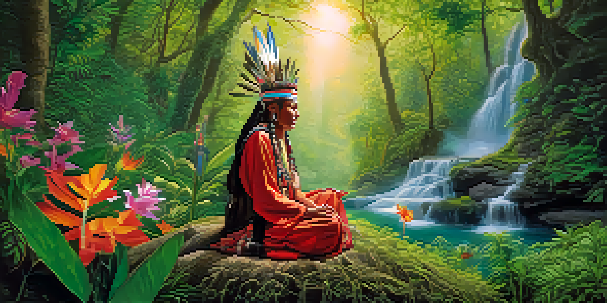 A shaman in a lush forest performing a healing ritual, surrounded by vibrant flowers and trees.