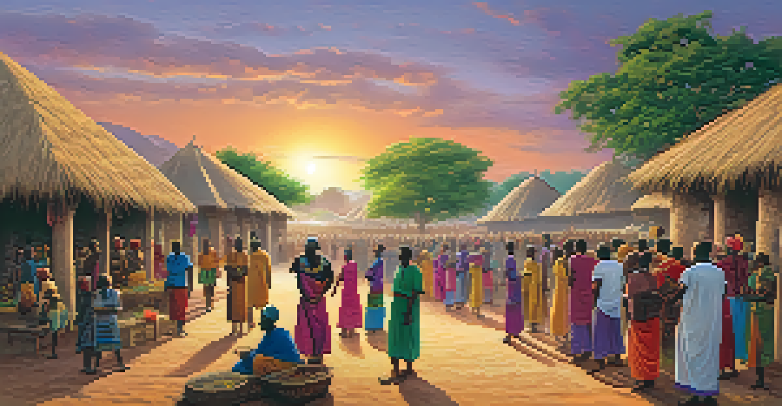 An expansive view of an African village during a communal celebration, with people engaging in rituals and colorful decorations, set against a golden sunset.