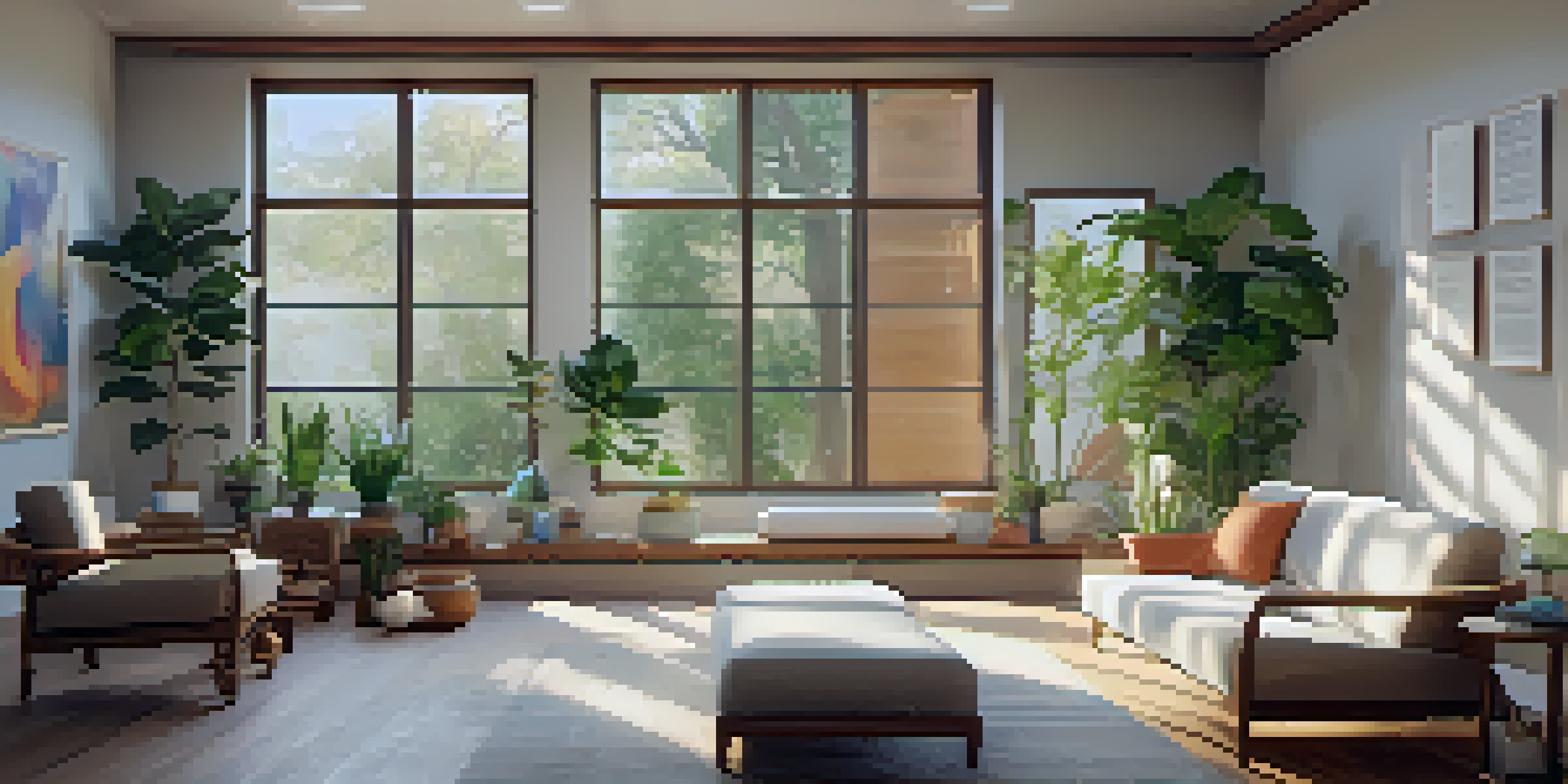 A cozy therapy room filled with natural light, featuring comfortable seating, plants, and entheogens displayed in glass containers on a table.