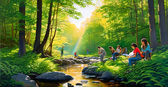 A group of diverse artists painting in a lush green forest with a stream, sunlight filtering through leaves.