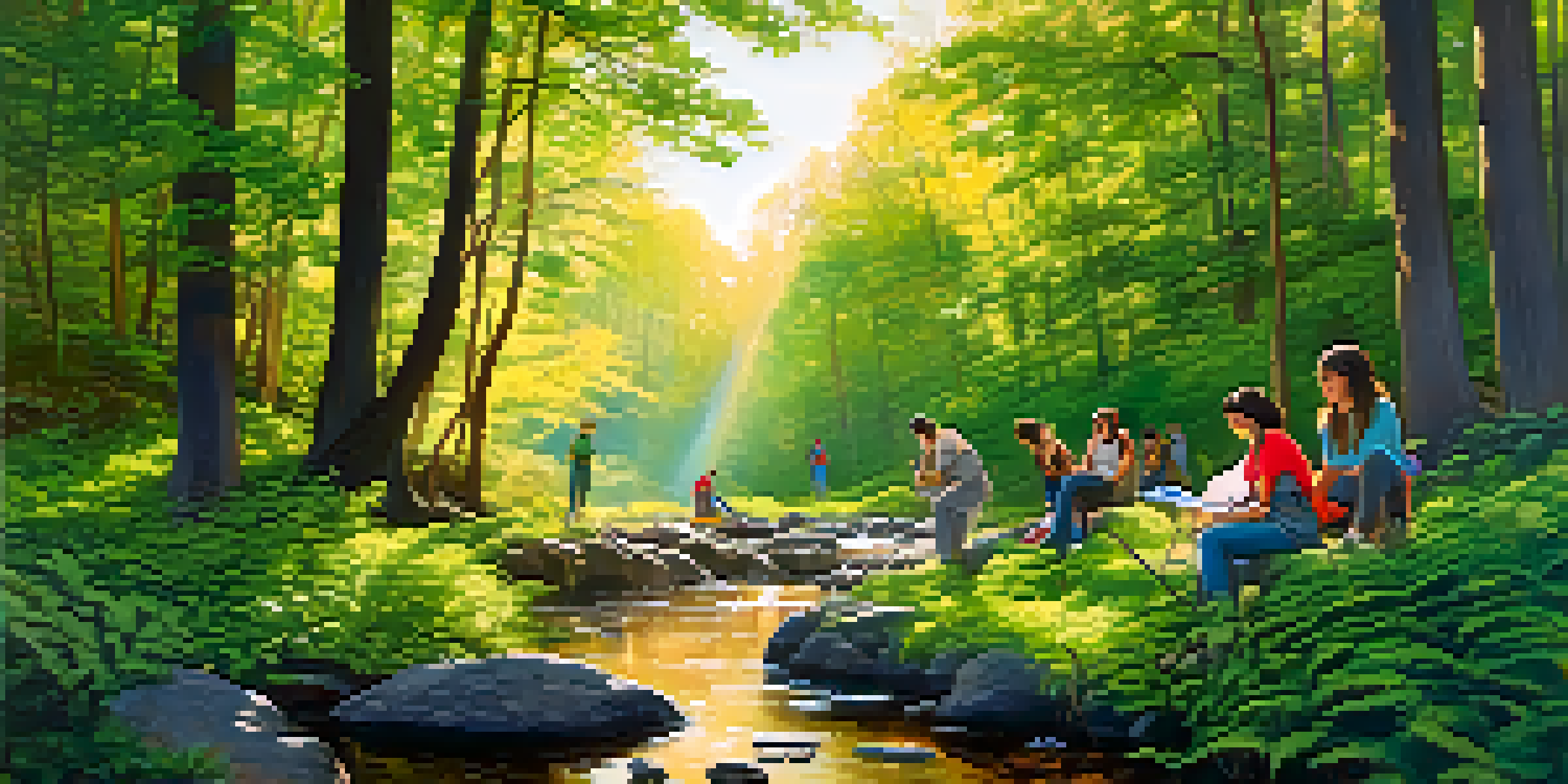 A group of diverse artists painting in a lush green forest with a stream, sunlight filtering through leaves.