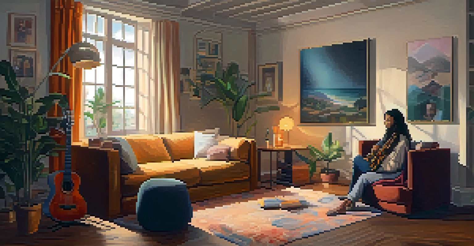 A softly lit room filled with cushions and artworks, where a couple is sitting together in a peaceful atmosphere.