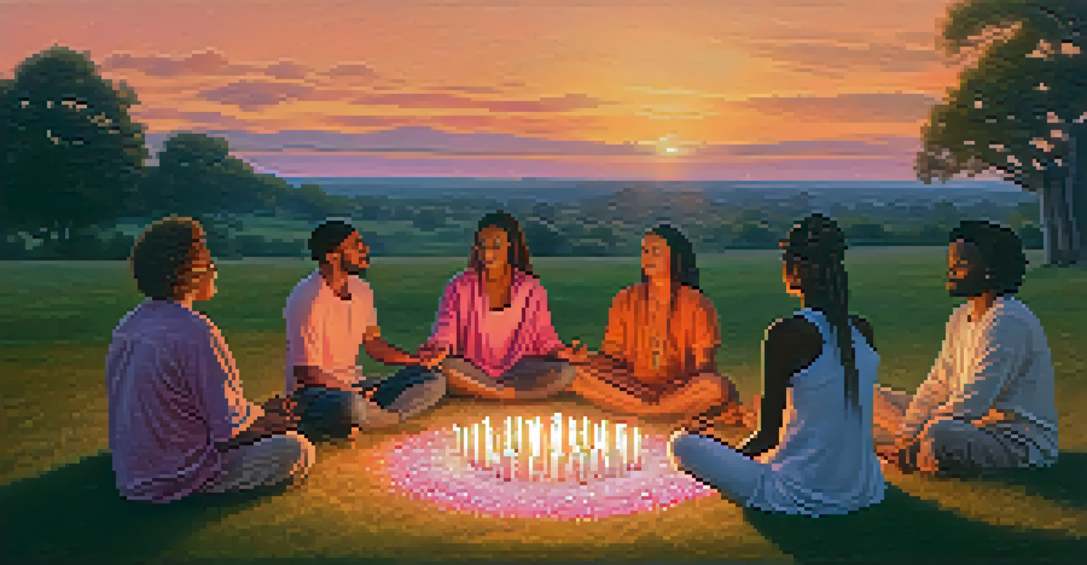A group of diverse people meditating in a circle on grass at sunset, surrounded by candles and crystals.