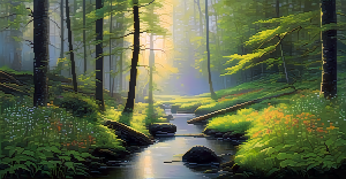 A tranquil forest at dawn with golden light, tall trees, green moss, wildflowers, and a misty creek.