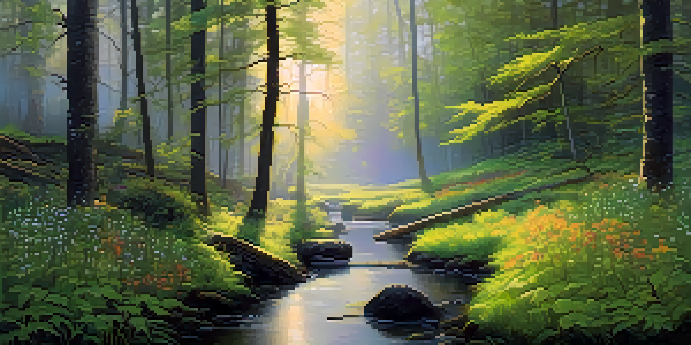 A tranquil forest at dawn with golden light, tall trees, green moss, wildflowers, and a misty creek.