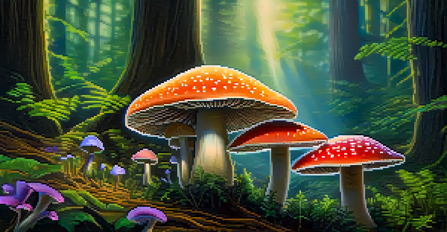 A detailed close-up of vibrant Psilocybin mushrooms in a mystical forest, illuminated by soft sunlight filtering through the trees.