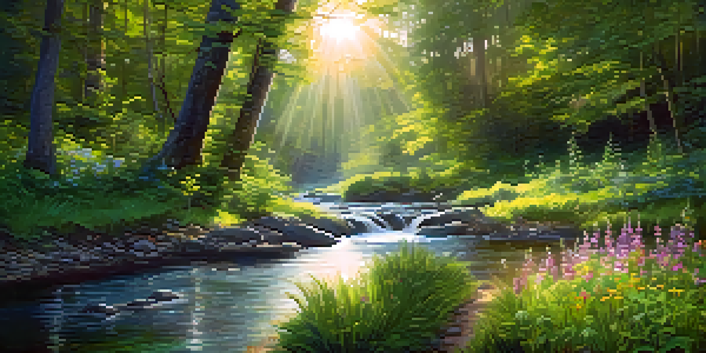 A peaceful forest landscape with sunlight shining through trees, colorful wildflowers in the foreground, and a gentle stream flowing.