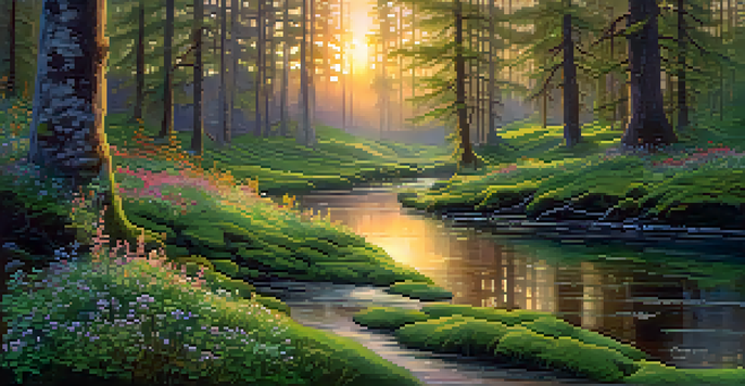 A peaceful forest at twilight with sunlight filtering through trees, moss-covered ground, colorful wildflowers, and a gentle stream reflecting sunset hues.