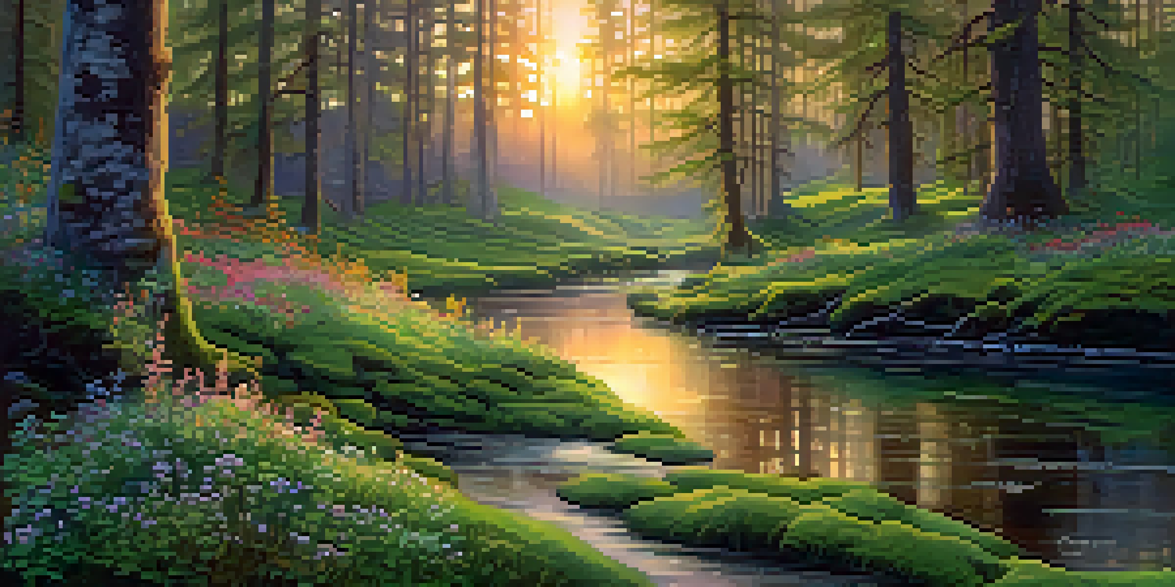 A peaceful forest at twilight with sunlight filtering through trees, moss-covered ground, colorful wildflowers, and a gentle stream reflecting sunset hues.