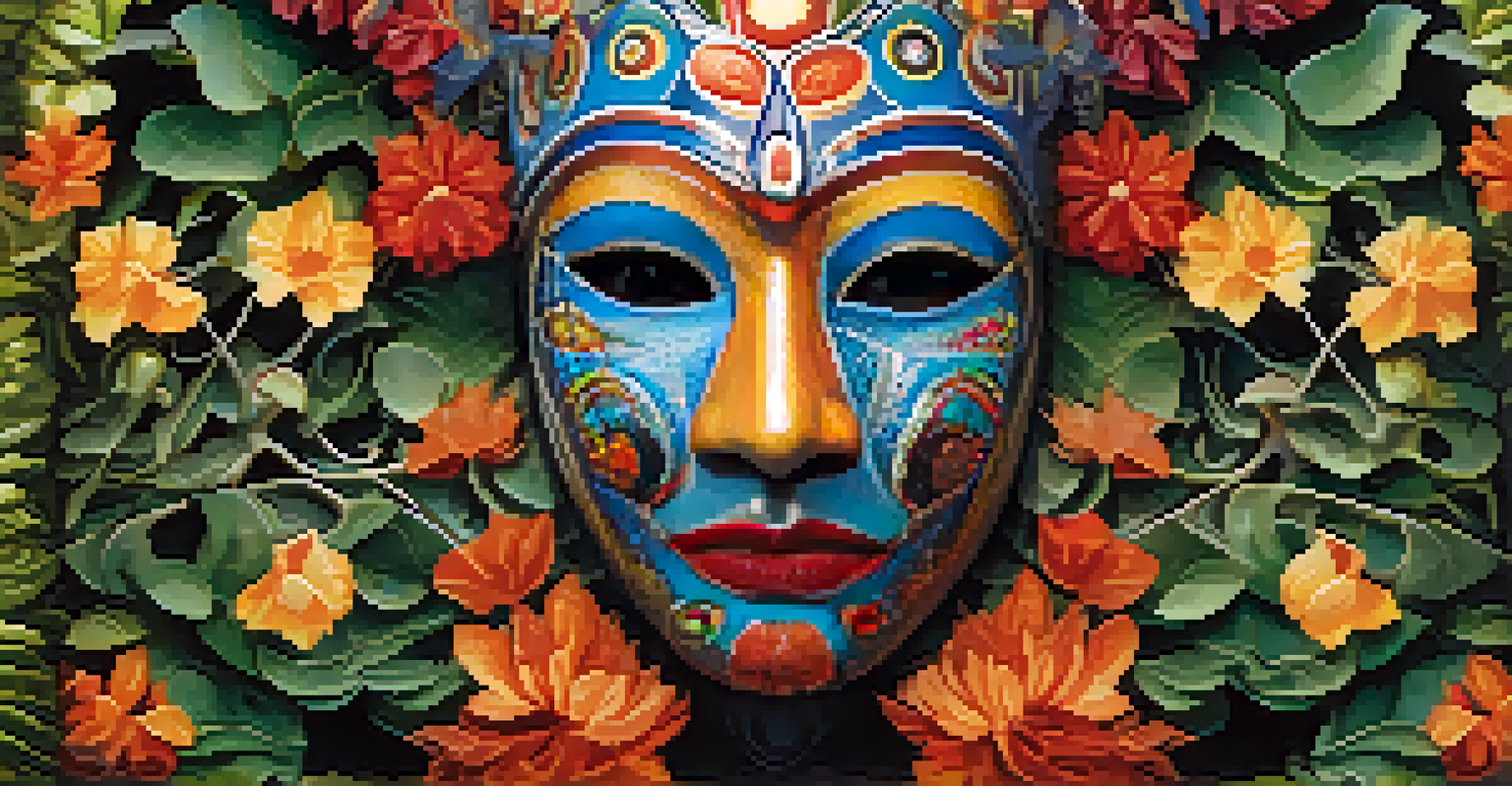 A close-up of an intricately designed ceremonial mask used in entheogenic rituals, set against a natural backdrop.
