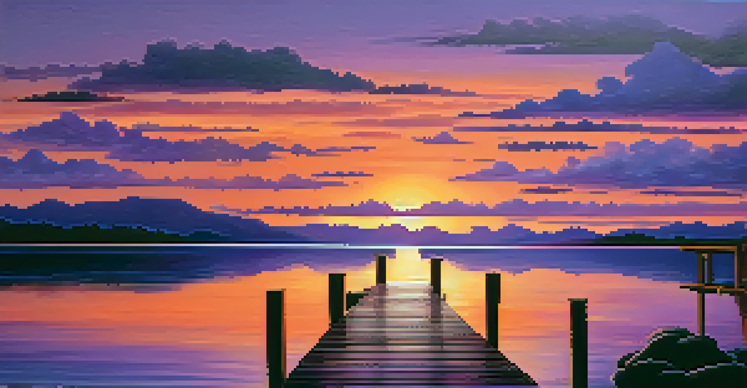 A calm lake at sunset with reflections of orange and purple skies and a wooden dock.