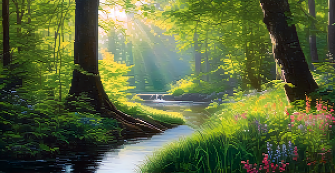 A peaceful forest clearing with sunlight filtering through trees and colorful wildflowers on the ground.