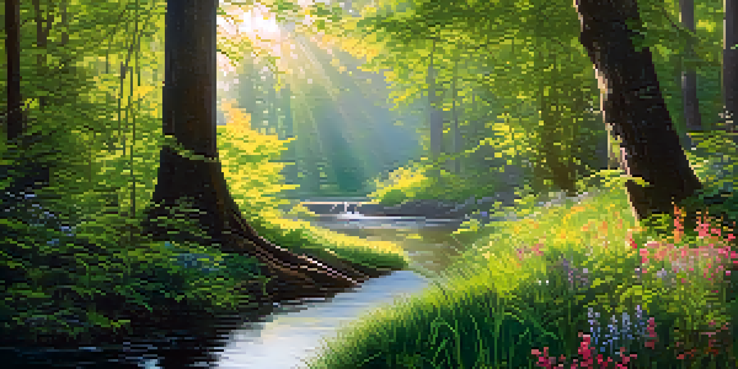 A peaceful forest clearing with sunlight filtering through trees and colorful wildflowers on the ground.