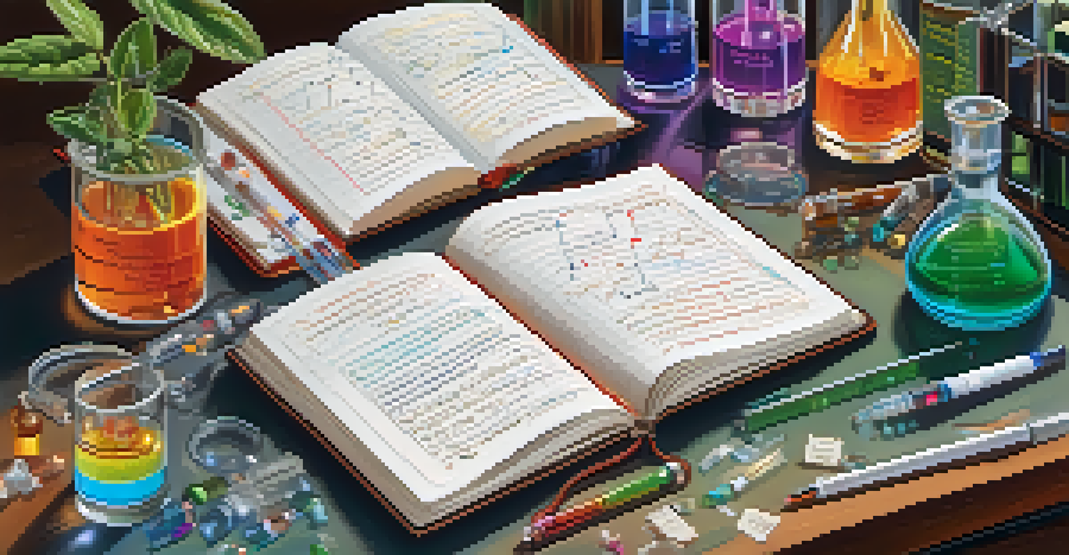 A close-up of a laboratory workspace with a notebook, colorful vials, a microscope, and a plant, representing scientific research.