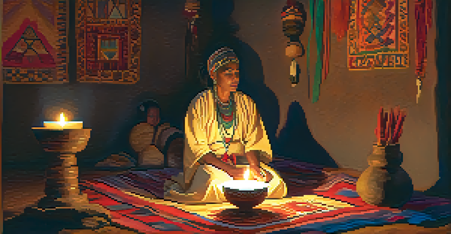 An indigenous healer in traditional attire performing a ritual in a candle-lit room, surrounded by colorful textiles and artifacts.
