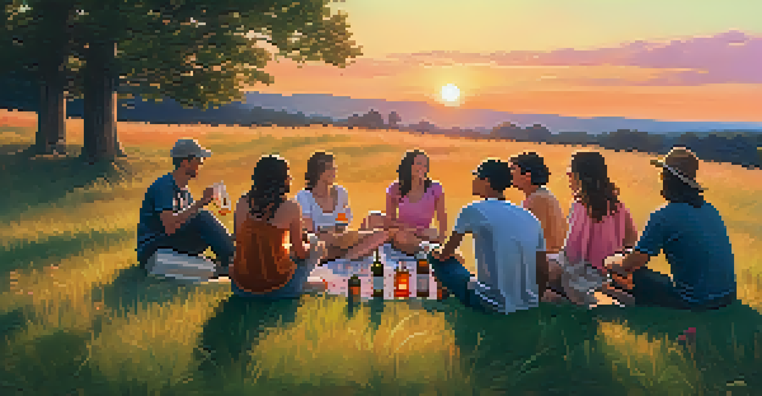 A group of people sitting in a circle on grass, enjoying each other's company with a sunset in the background.