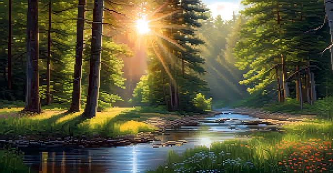 A tranquil forest scene with tall trees, sun rays, wildflowers, and a gentle stream reflecting the warm colors of sunset.