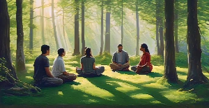 A peaceful forest at dawn with sunlight filtering through trees, where diverse individuals sit in a circle meditating on the grass.