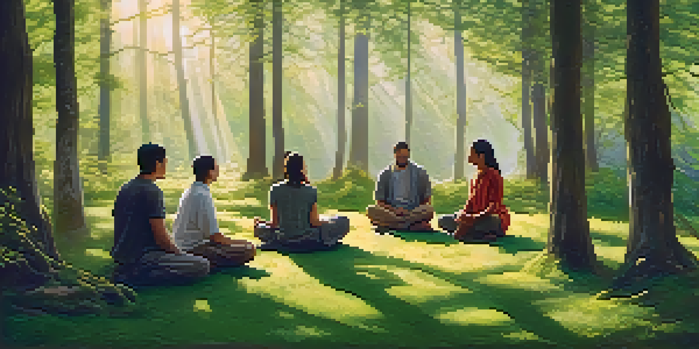 A peaceful forest at dawn with sunlight filtering through trees, where diverse individuals sit in a circle meditating on the grass.
