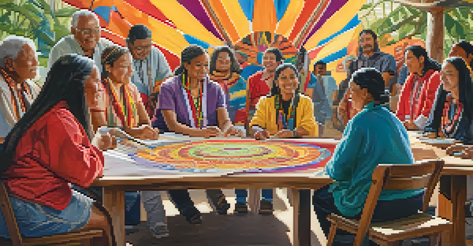 A community workshop with indigenous leaders and non-indigenous allies, featuring bright colors and a collaborative atmosphere.