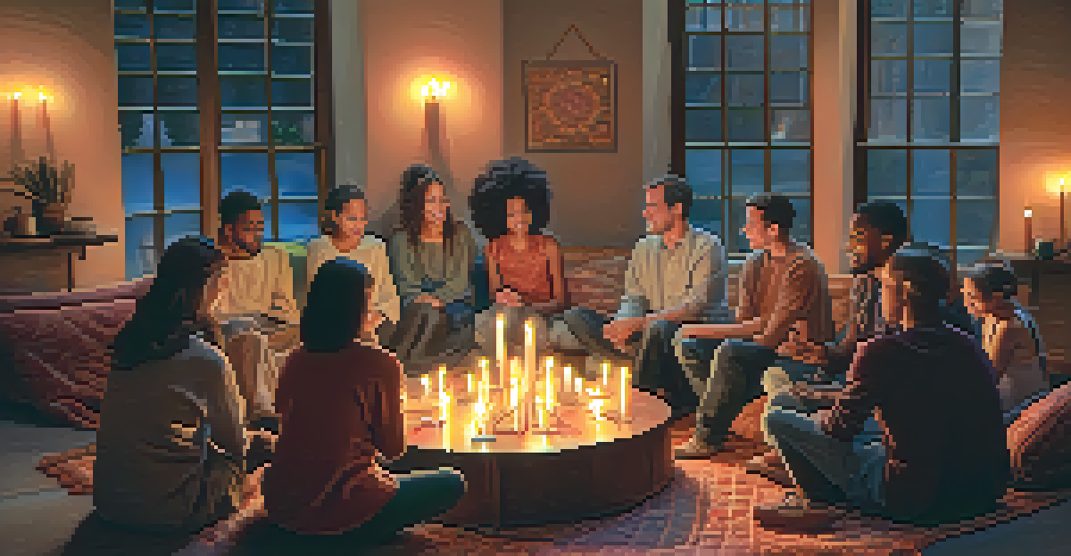 A cozy circle of diverse people sharing stories in a candle-lit room with warm lighting and colorful tapestries.