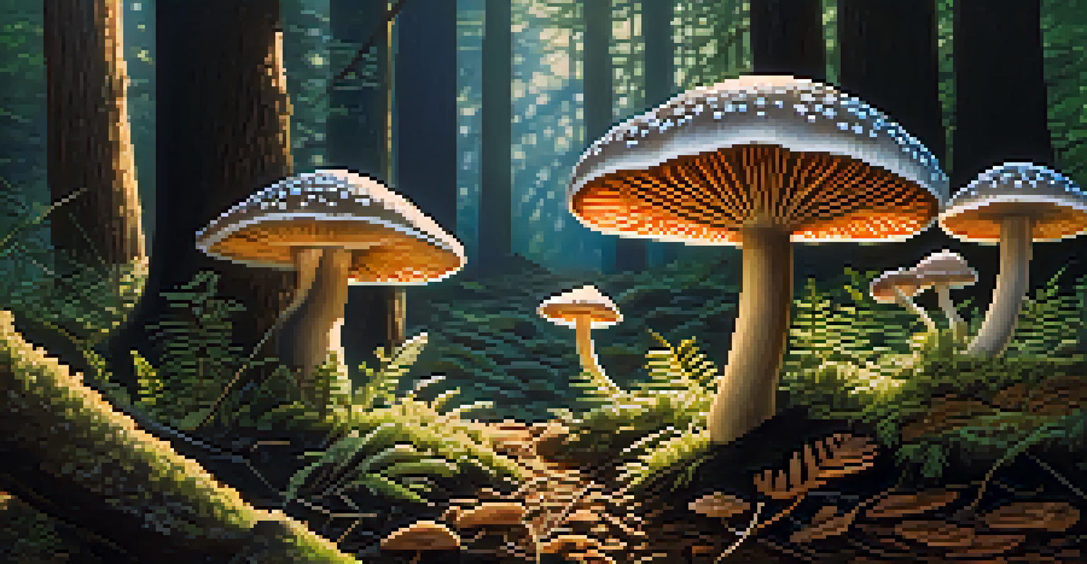 A close-up of psilocybin mushrooms in a forest with soft sunlight filtering through trees.