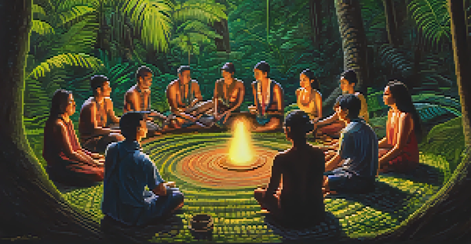 A group of people gathered in a circle in a rainforest, participating in a traditional ayahuasca ceremony led by an elder, with soft lighting and lush greenery.