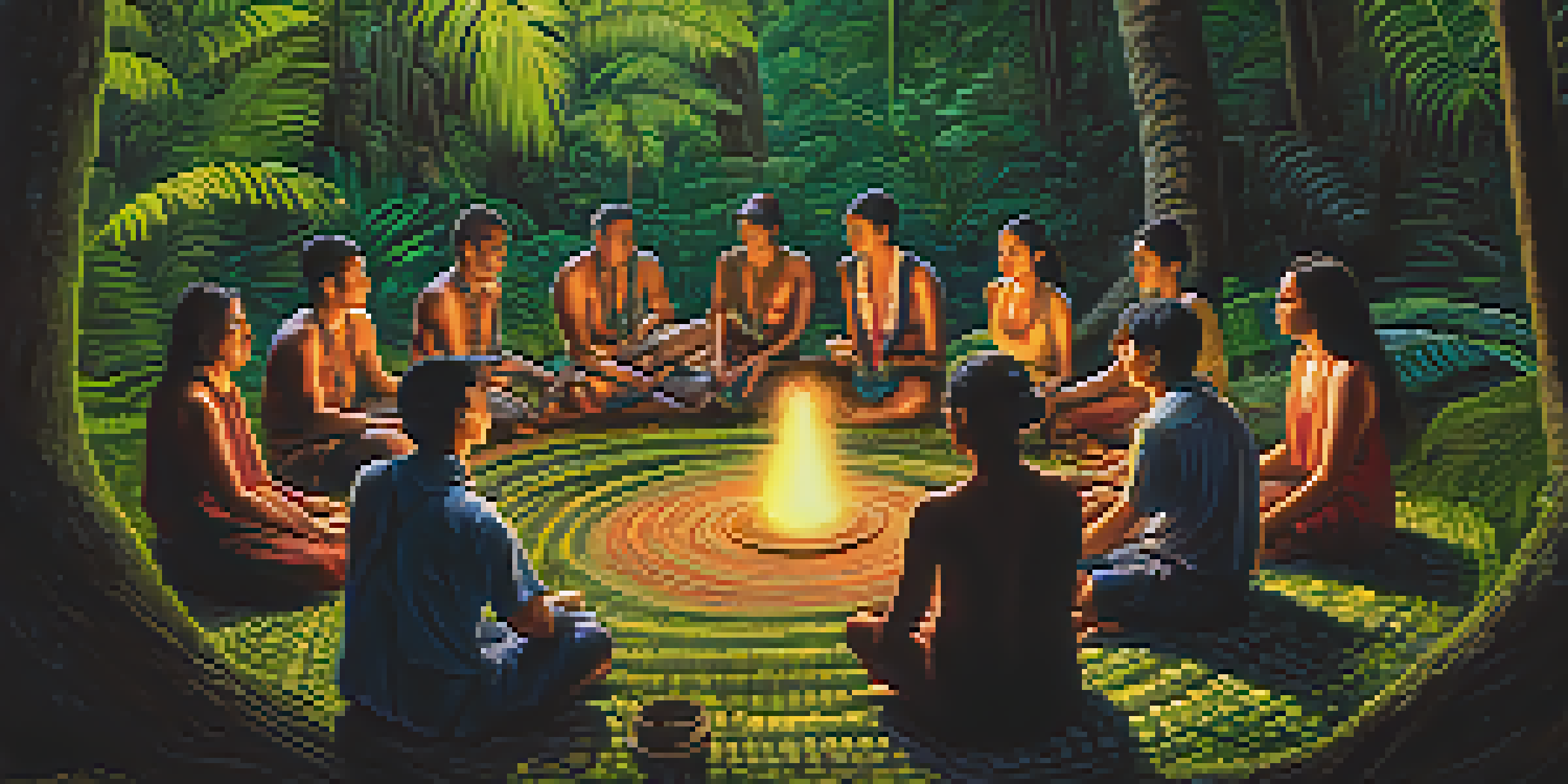 A group of people gathered in a circle in a rainforest, participating in a traditional ayahuasca ceremony led by an elder, with soft lighting and lush greenery.
