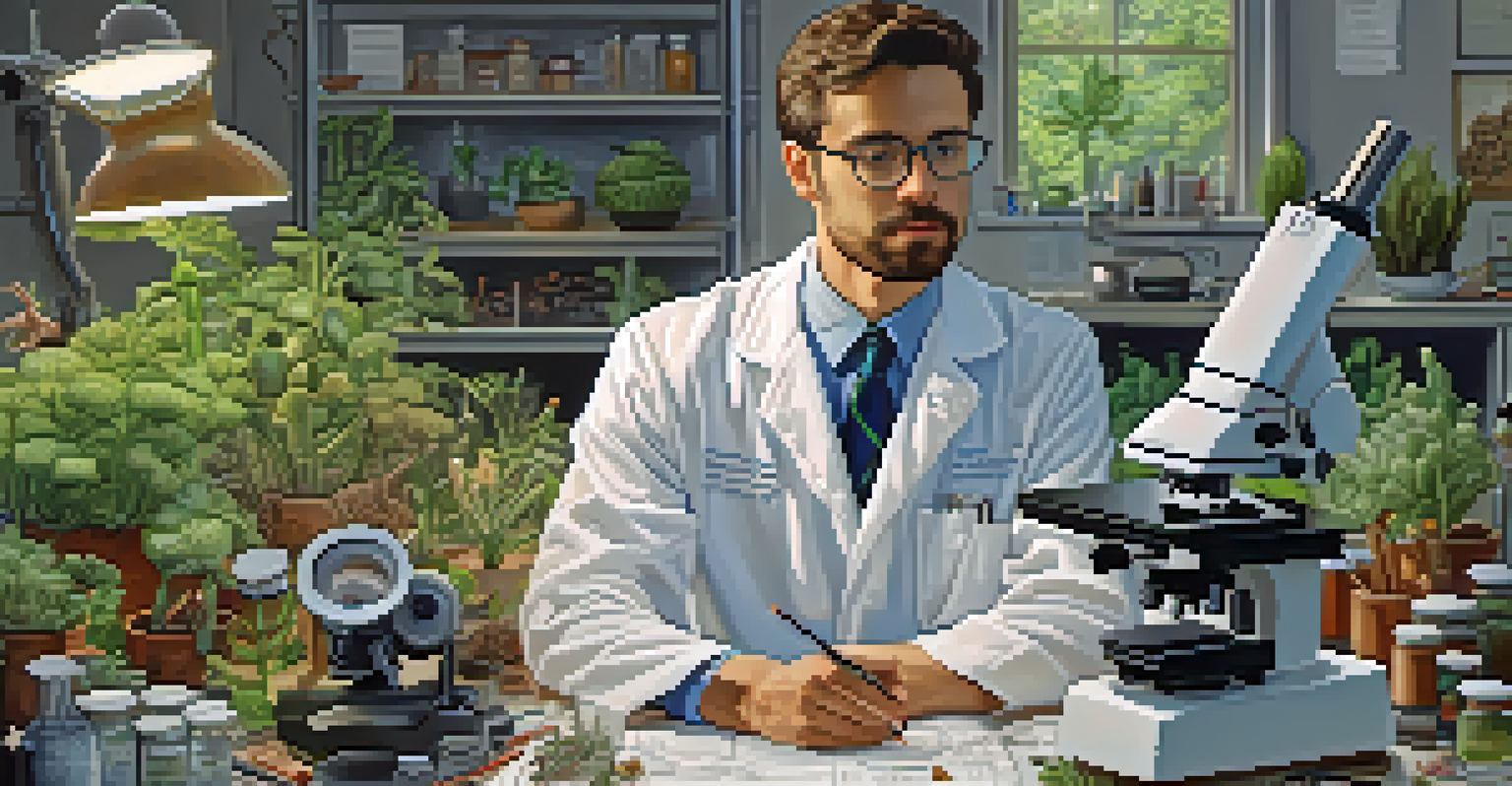 A scientist in a lab with plants and a microscope, studying entheogens.