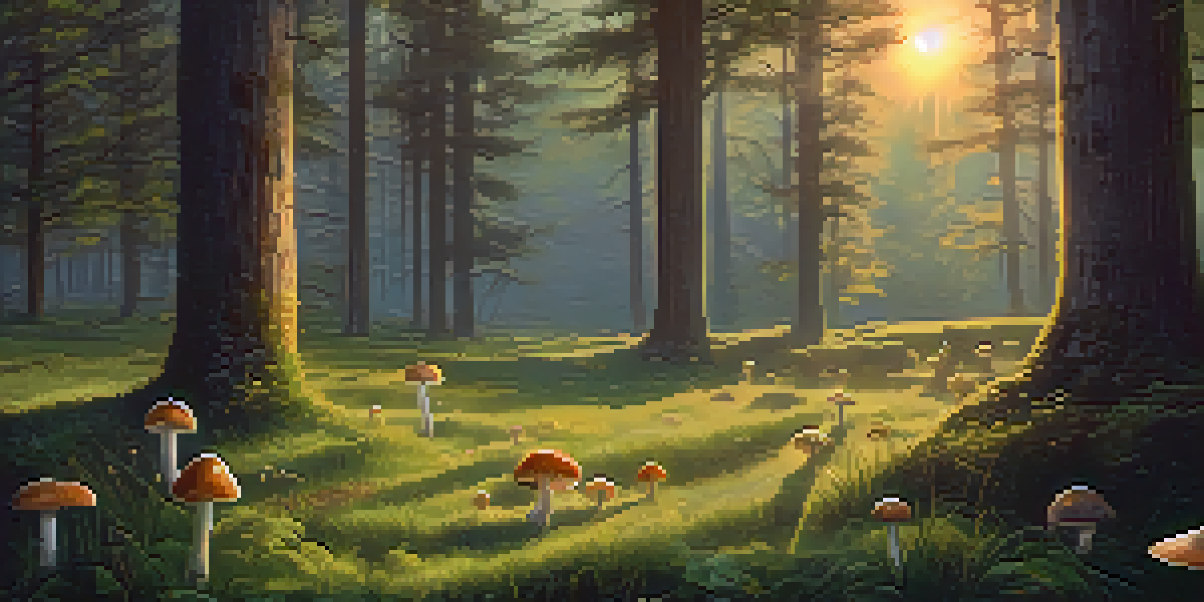 A peaceful forest clearing at dawn with sunlight filtering through leaves and psilocybin mushrooms in the foreground.