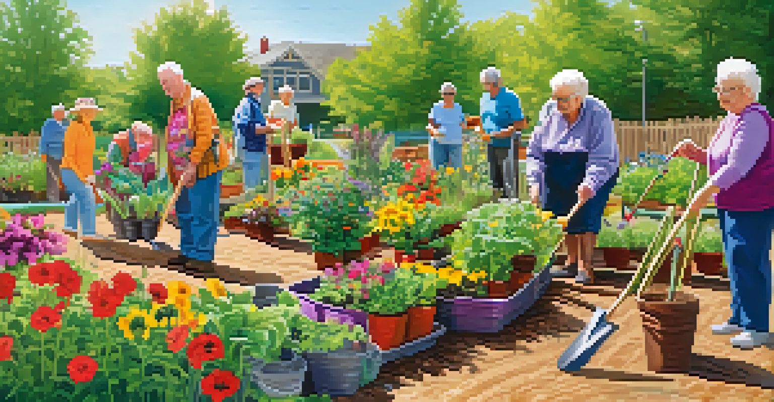 Older adults participating in a community garden activity, planting flowers and vegetables together under the sun, surrounded by colorful plants and tools.