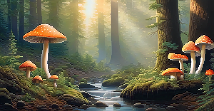 A peaceful forest at dawn with sunlight filtering through trees and a small stream. Colorful mushrooms are in the foreground.