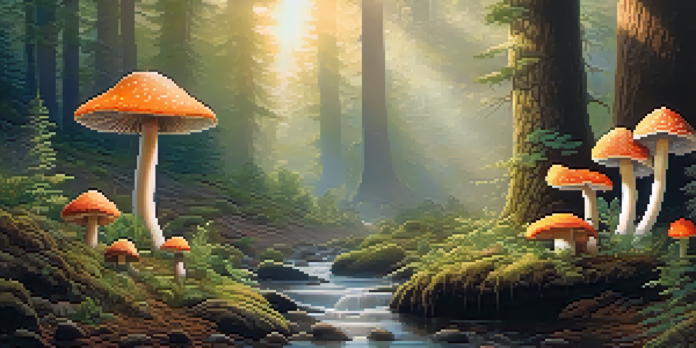 A peaceful forest at dawn with sunlight filtering through trees and a small stream. Colorful mushrooms are in the foreground.
