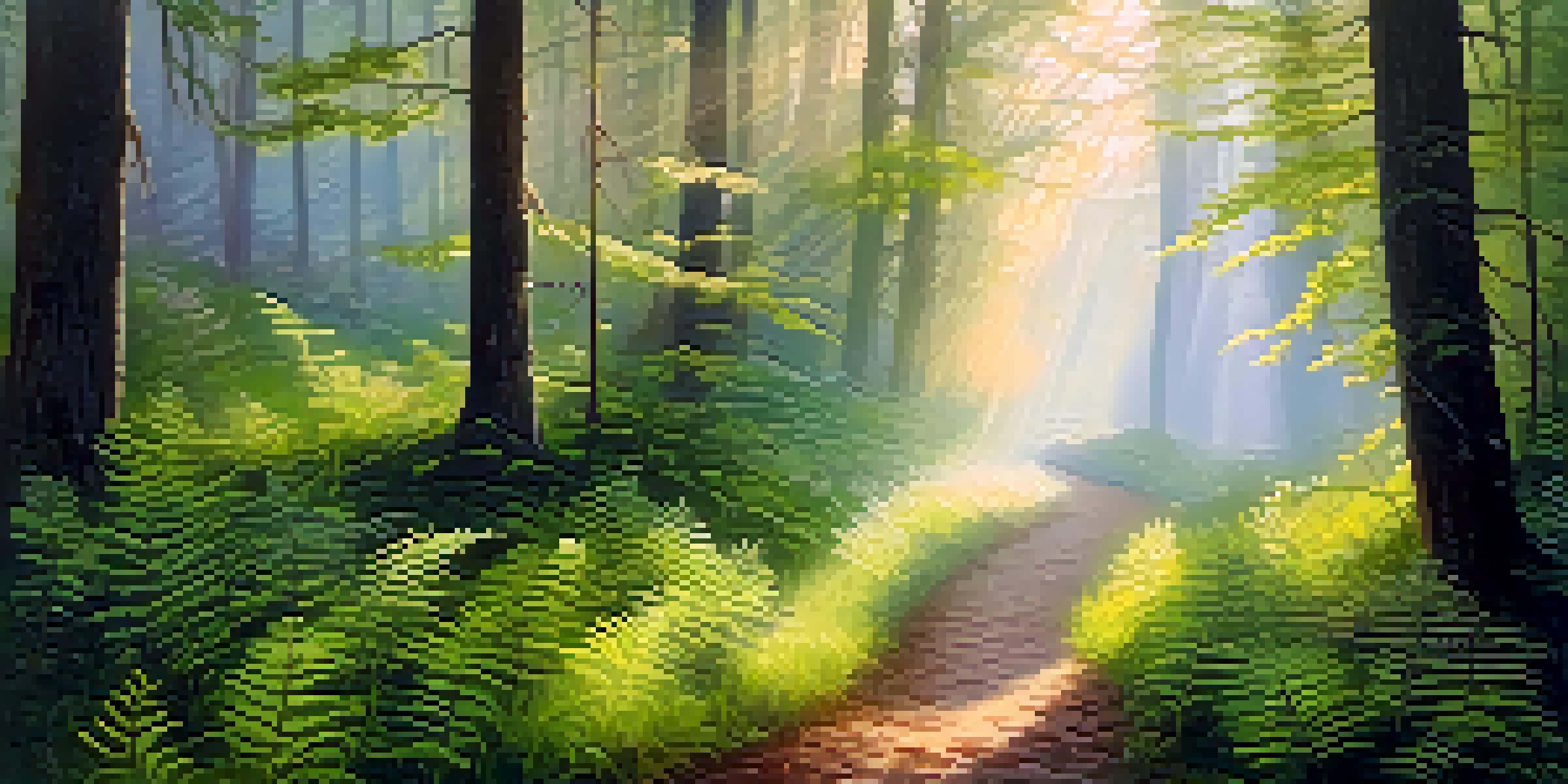 A tranquil forest at dawn with mist, sunlight filtering through trees, and a winding path.