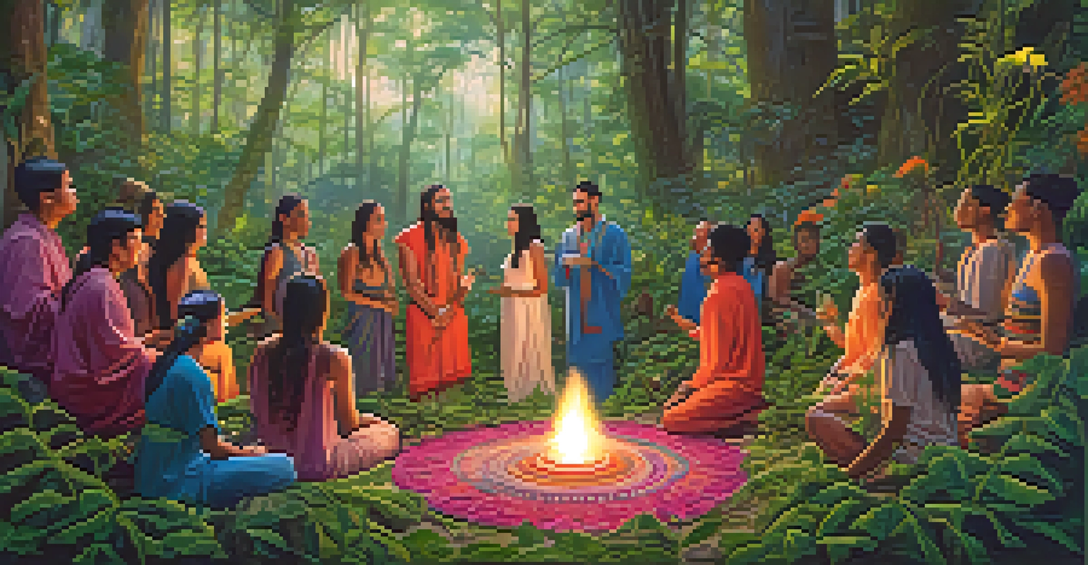 A group of people participating in a psychedelic plant ceremony in a vibrant forest, guided by a shaman.