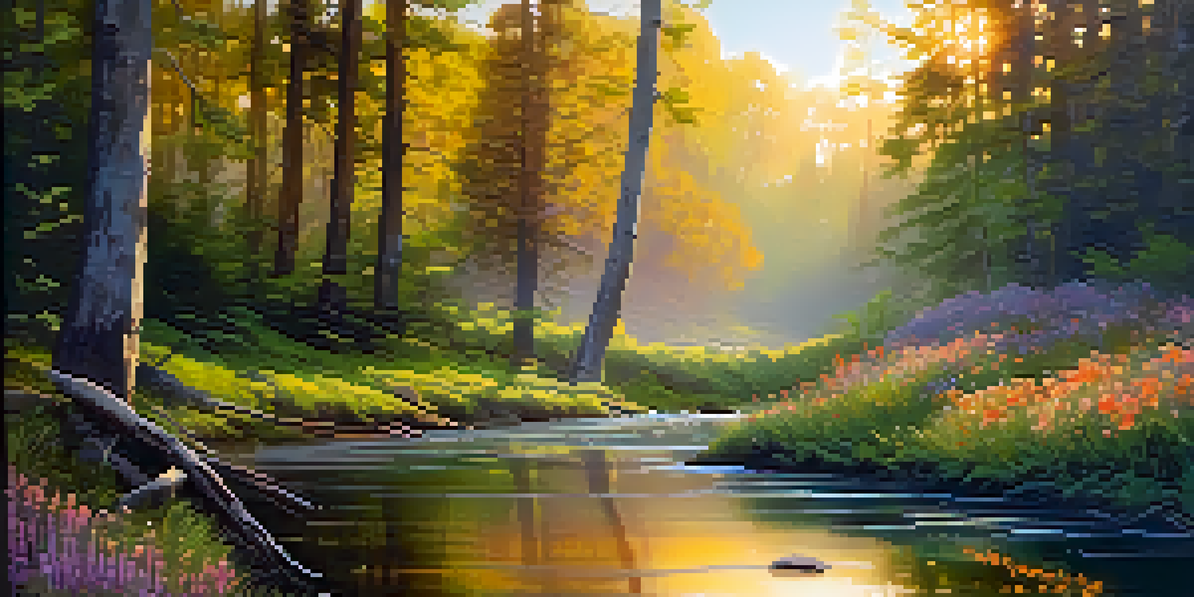A peaceful forest scene at dawn with sunlight filtering through trees, wildflowers in the foreground, and a gentle stream.