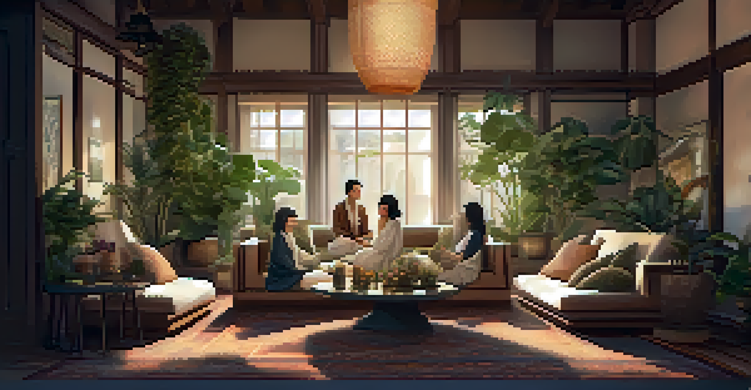 A cozy indoor ritual space with comfortable seating, plants, and soft lighting, where participants share their insights.