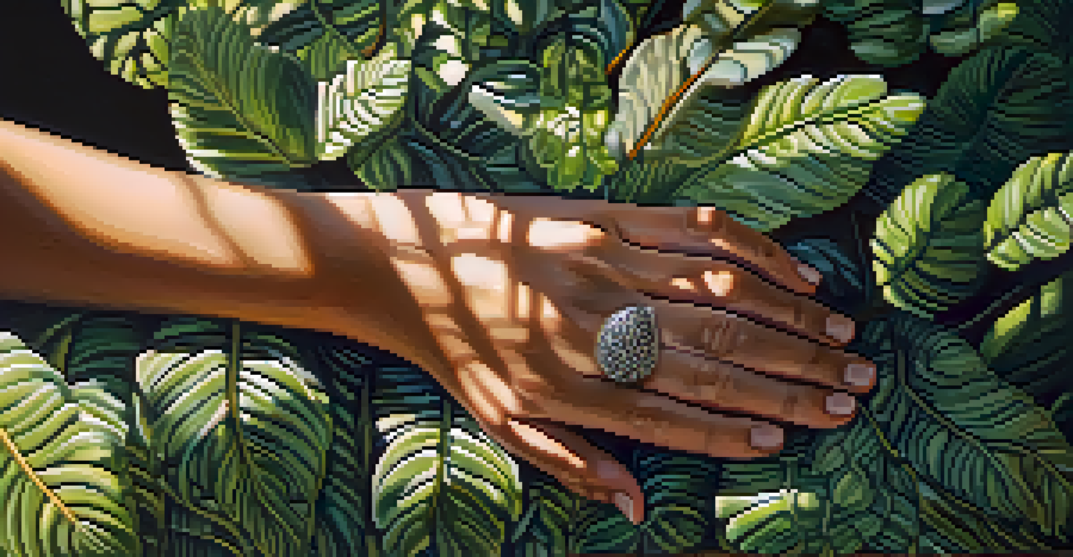 A close-up of hands holding a patterned stone, surrounded by blurred green foliage and sunlight.