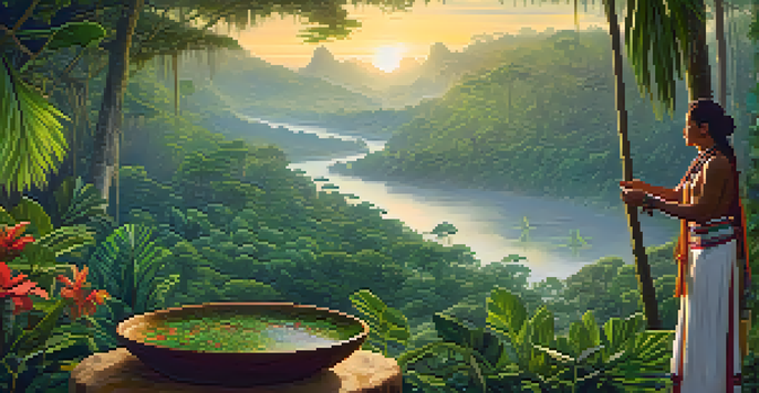 An indigenous healer in traditional attire preparing ayahuasca in a wooden bowl, surrounded by a misty Amazon rainforest with vibrant flowers and a small village in the background.