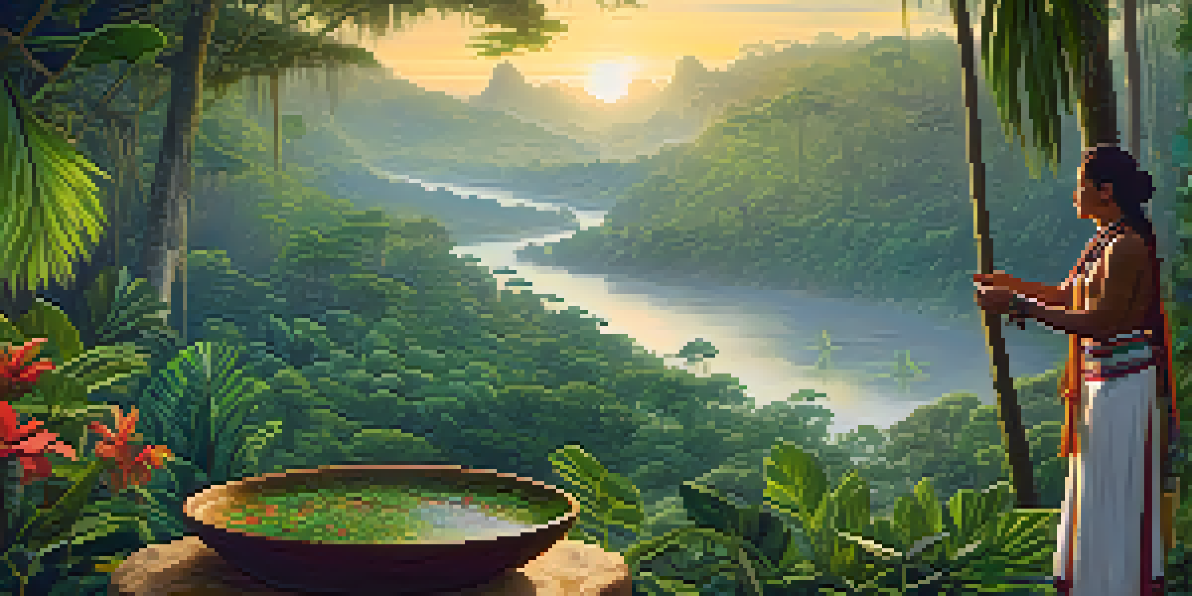 An indigenous healer in traditional attire preparing ayahuasca in a wooden bowl, surrounded by a misty Amazon rainforest with vibrant flowers and a small village in the background.