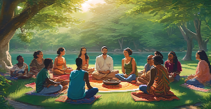 A diverse group of people sitting in a circle in a natural setting, sharing experiences about entheogens, surrounded by trees and flowers.