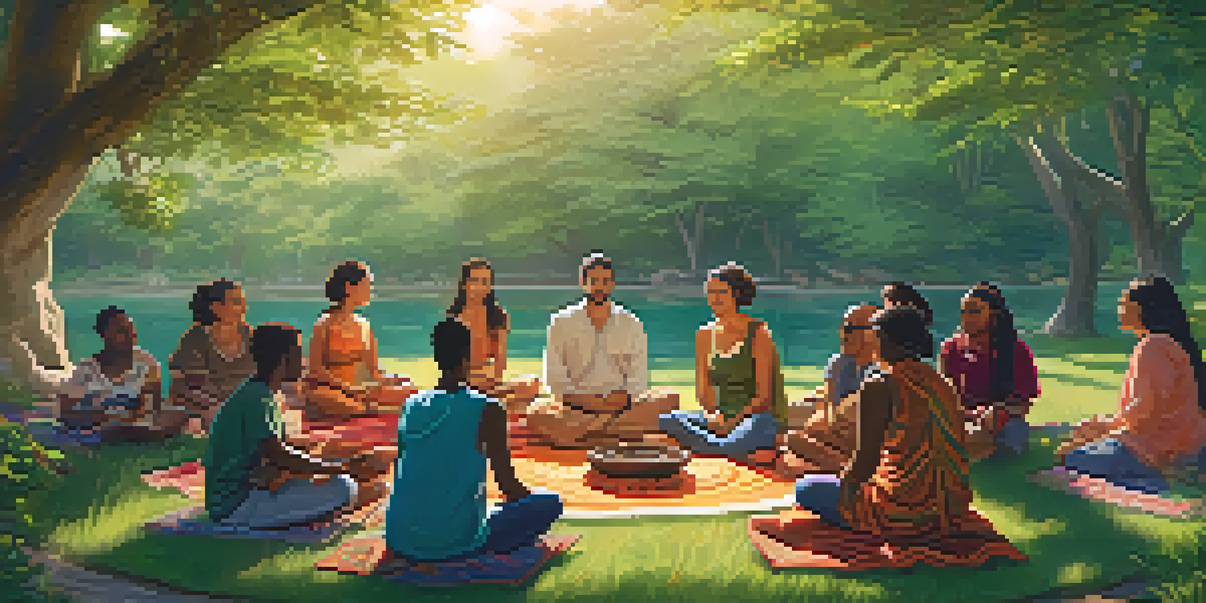 A diverse group of people sitting in a circle in a natural setting, sharing experiences about entheogens, surrounded by trees and flowers.