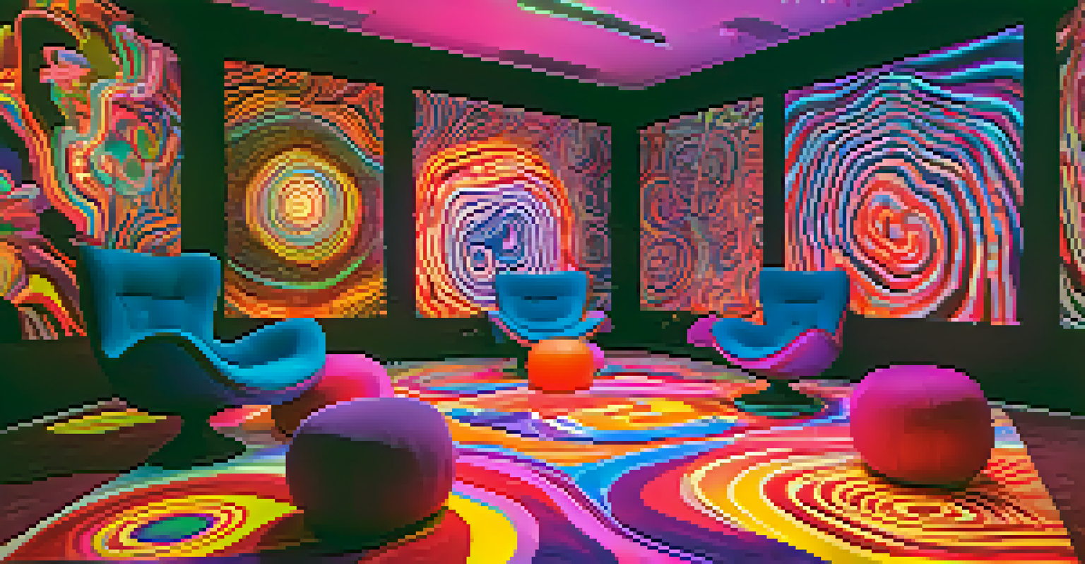 A psychedelic art installation with glowing sculptures and colorful projections in a cozy setting.