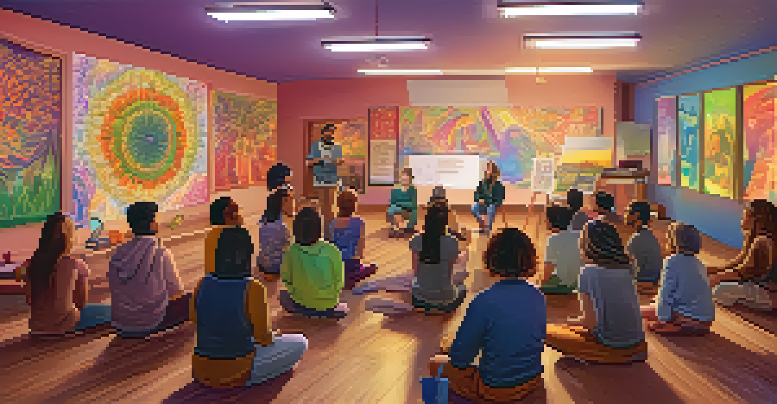 A facilitator presenting information about psychedelics in a community center filled with engaged participants.